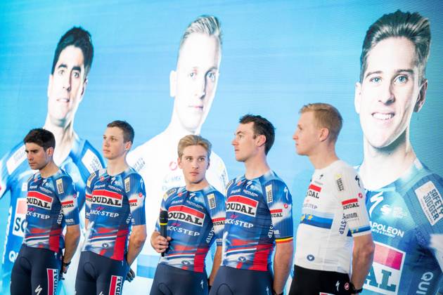 Spanish Mikel Landa of Soudal Quick-Step, Belgian Mauri Vansevenant of Soudal Quick-Step, Belgian Ilan Van Wilder of Soudal Quick-Step, Belgian Yves Lampaert of Soudal Quick-Step and Belgian Tim Merlier of Soudal Quick-Step pictured during the media day of the Soudal Quick-Step cycling team in Calpe, Spain, Thursday 09 January 2025. JASPERxJACOBS  x110010737x