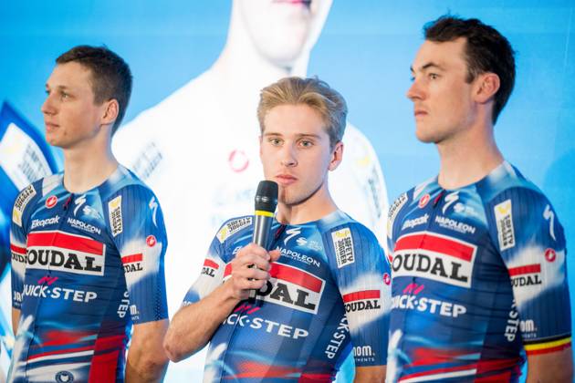 Spanish Mikel Landa of Soudal Quick-Step, Belgian Mauri Vansevenant of Soudal Quick-Step, Belgian Ilan Van Wilder of Soudal Quick-Step, Belgian Yves Lampaert of Soudal Quick-Step and Belgian Tim Merlier of Soudal Quick-Step pictured during the media day of the Soudal Quick-Step cycling team in Calpe, Spain, Thursday 09 January 2025. JASPERxJACOBS  x110010763x
