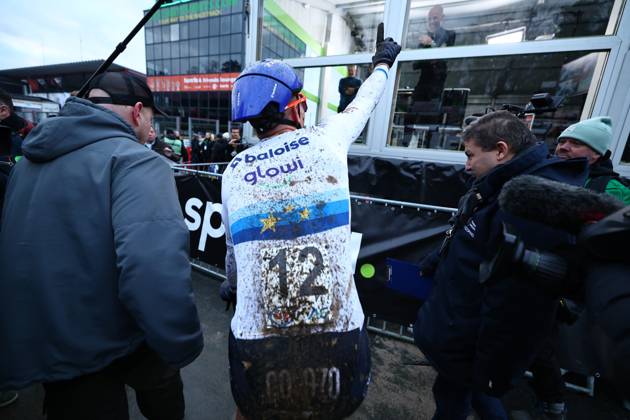 Belgian Thibau Nys celebrates after winning the elite men race of the Belgian Cyclocross Championships (11-12 01) on Sunday 12 January 2025 in Heusden-Zolder. DAVIDxPINTENS  x110253109x