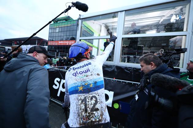 Belgian Thibau Nys celebrates after winning the elite men race of the Belgian Cyclocross Championships (11-12 01) on Sunday 12 January 2025 in Heusden-Zolder. DAVIDxPINTENS  x110253128x