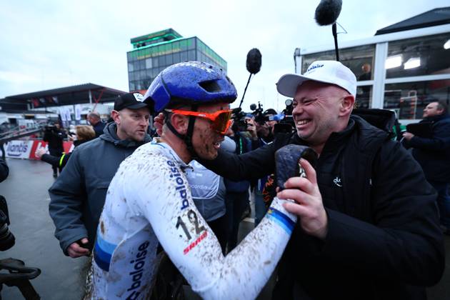 Belgian Thibau Nys celebrates after winning the elite men race of the Belgian Cyclocross Championships (11-12 01) on Sunday 12 January 2025 in Heusden-Zolder. DAVIDxPINTENS  x110253206x