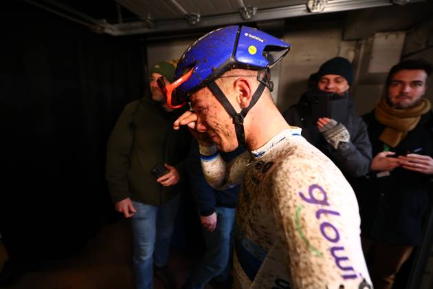 Belgian Thibau Nys celebrates after winning the elite men race of the Belgian Cyclocross Championships (11-12 01) on Sunday 12 January 2025 in Heusden-Zolder. DAVIDxPINTENS  x110253253x