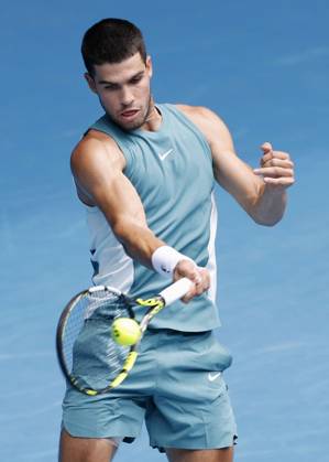 Tennis: Australian Open Carlos Alcaraz of Spain plays against Yoshihito Nishioka of Japan in the second round of the men s singles at the Australian Open tennis tournament in Melbourne on Jan. 15, 2025. A14AA0003984788P