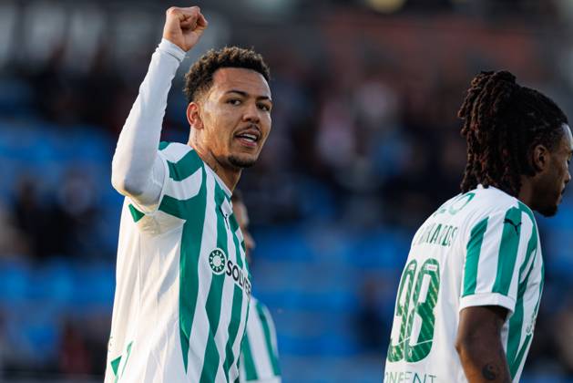 Clayton seen in action celebrating after scoring goal during Taca De Portugal game between teams of Casa Pia AC and Rio Ave FC at Estadio Municipal Rio Maior (Maciej Rogowski) Rio Maior Estadio Municipal Rio Maior Portugal Copyright: xMaciejxRogowskix cpacrioavefull2425-100