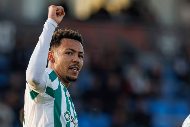 Clayton seen in action celebrating after scoring goal during Taca De Portugal game between teams of Casa Pia AC and Rio Ave FC at Estadio Municipal Rio Maior (Maciej Rogowski) Rio Maior Estadio Municipal Rio Maior Portugal Copyright: xMaciejxRogowskix cpacrioavefull2425-103