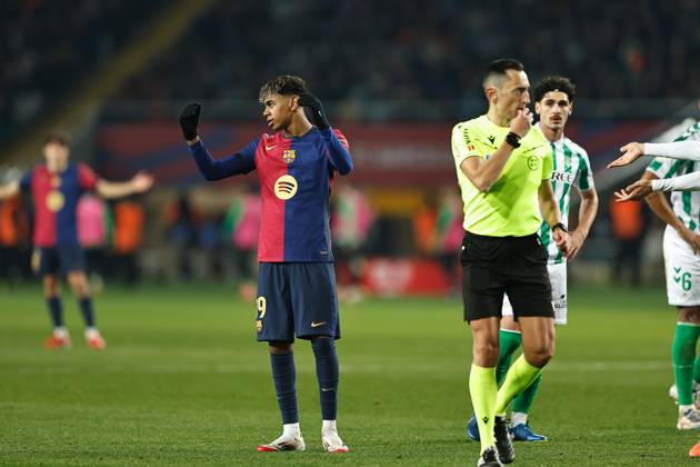 Lamine Yamal (Barcelona), JANUARY 15, 2025 - Football Soccer : Yamal unhappy after VAR review cancels his goal during Spanish Copa del Rey Mapfre round 0f 16 match between FC Barcelona, Barca 5-1 Real Betis Balompie at the Estadi Olimpic Lluis Companys in Barcelona, Spain. Noxthirdxpartyxsales (278682113)