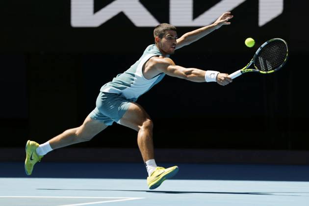 Tennis: Australian Open Carlos Alcaraz of Spain plays against Nuno Borges of Portugal in the third round of the men s singles at the Australian Open tennis tournament in Melbourne on Jan. 17, 2025. A14AA0003994254P