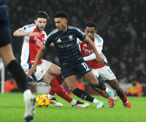 Football - 2024 2025 Premier League - Arsenal vs Aston Villa - Emirates Stadium - Saturday 18th January 2025 Ollie Watkins of Aston Villa and Jurrian Timber and Declan Rice of Arsenal COLORSPORT Andrew Cowie