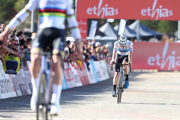 Dutch Tibor Del Grosso and pictured as he crosses the finish line of the men s U23 race at the cyclocross cycling event in Benidorm, Spain, , stage 12 14 in the UCI World Cup competition. DAVIDxPINTENS x110713323x