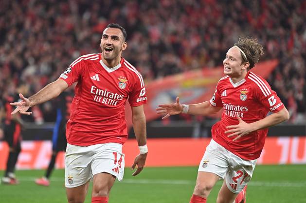 Portugal, Estadio do SL Benfica Lisbon 21 January 2025 Uefa Champions League phase 2024 25 Matchday 7, S L Benfica FC Barcelona v l , Vangelis Pavlidis S L Benfica , Andreas Schjelderup S L Benfica Torjubel, Goal celebration, celebrate the goal Copyright: JoaquimxFerreira