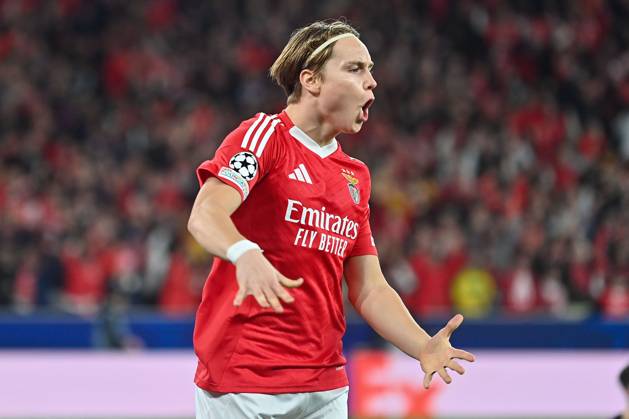 Portugal, Estadio do SL Benfica Lisbon 21 January 2025 Uefa Champions League phase 2024 25 Matchday 7, S L Benfica FC Barcelona v l , Andreas Schjelderup S L Benfica Torjubelel, Goal celebration, celebrate the goal Copyright: JoaquimxFerreira