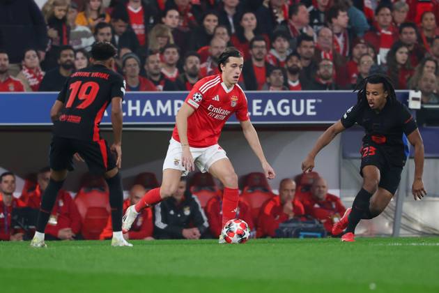 Portugal, Estadio do SL Benfica Lisbon 21 January 2025 Uefa Champions League phase 2024 25 Matchday 7, S L Benfica FC Barcelona v l , Lamine Yamal FC Barcelona , Alvaro Fernandez Carreras S L Benfica , Jules Kounde FC Barcelona , in action, in action, Copyright: JoaquimxFerreira
