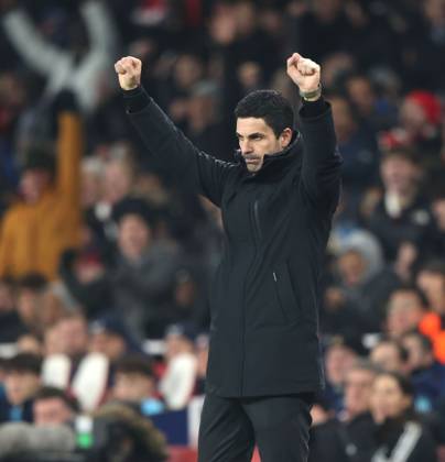 Mikel Arteta (Arsenal manager) celebrates the second Arsenal goal (2-0) at the Arsenal v Dinamo Zagreb UEFA Champions League match, at the Emirates Stadium, London, UK on 22nd January, 2025.