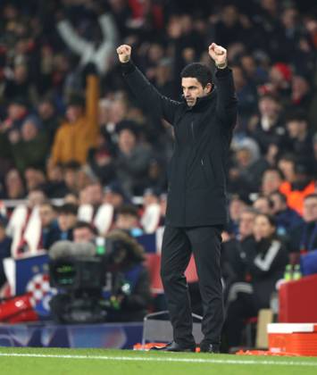 Mikel Arteta (Arsenal manager) celebrates the second Arsenal goal (2-0) at the Arsenal v Dinamo Zagreb UEFA Champions League match, at the Emirates Stadium, London, UK on 22nd January, 2025.