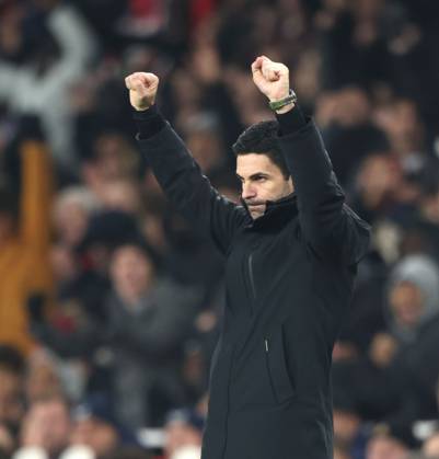 Mikel Arteta (Arsenal manager) celebrates the second Arsenal goal (2-0) at the Arsenal v Dinamo Zagreb UEFA Champions League match, at the Emirates Stadium, London, UK on 22nd January, 2025.