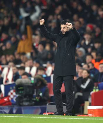 Mikel Arteta (Arsenal manager) celebrates the second Arsenal goal (2-0) at the Arsenal v Dinamo Zagreb UEFA Champions League match, at the Emirates Stadium, London, UK on 22nd January, 2025.