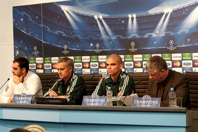 MANCHESTER, UNITED KINGDOM: 21 NOVEMBER 2012 Real Madrid head coach JosÃ Mourinho (2nd left) and Real Madrid player Pepe (2nd right) address the media during the Real Madrid press conference, PK, Pressekonferenz on the eve of the UEFA Champions League Group D soccer match between Manchester City and Real Madrid at the Etihad Stadium, United Kingdom on 21 November 2012. Manchester City FC v Real Madrid FC UCL_2012-2013