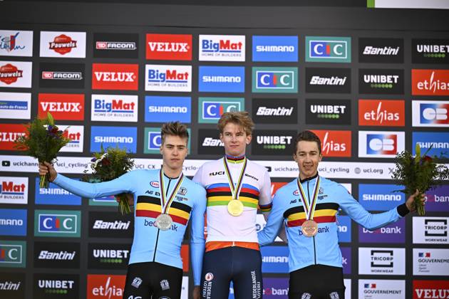 Belgian Kay De Bruyckere, Dutch Tibor Del Grosso and Belgian Jente Michels celebrate on the podium after the men U23 race, at the UCI Cyclocross World Championships, in Lievin, France, Saturday 01 February 2025. The world championships are taking place from 31 January until 02 February. JASPERxJACOBS  x111573650x