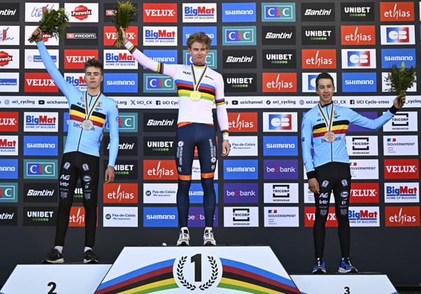 Belgian Kay De Bruyckere, Dutch Tibor Del Grosso and Belgian Jente Michels celebrate on the podium after the men U23 race, at the UCI Cyclocross World Championships, in Lievin, France, Saturday 01 February 2025. The world championships are taking place from 31 January until 02 February. JASPERxJACOBS  x111573689x