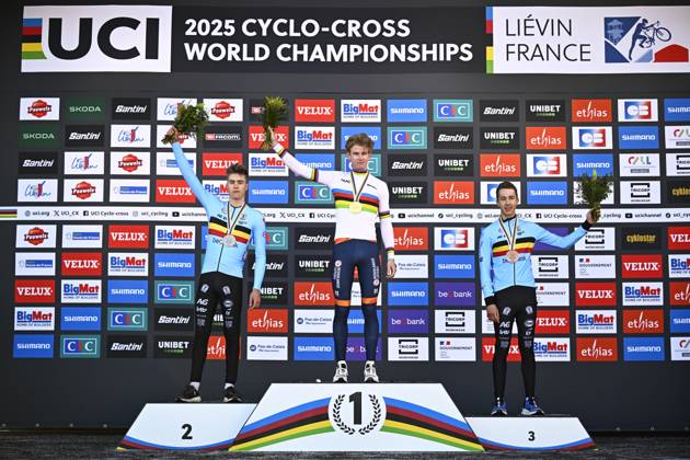 Belgian Kay De Bruyckere, Dutch Tibor Del Grosso and Belgian Jente Michels celebrate on the podium after the men U23 race, at the UCI Cyclocross World Championships, in Lievin, France, Saturday 01 February 2025. The world championships are taking place from 31 January until 02 February. JASPERxJACOBS  x111573694x