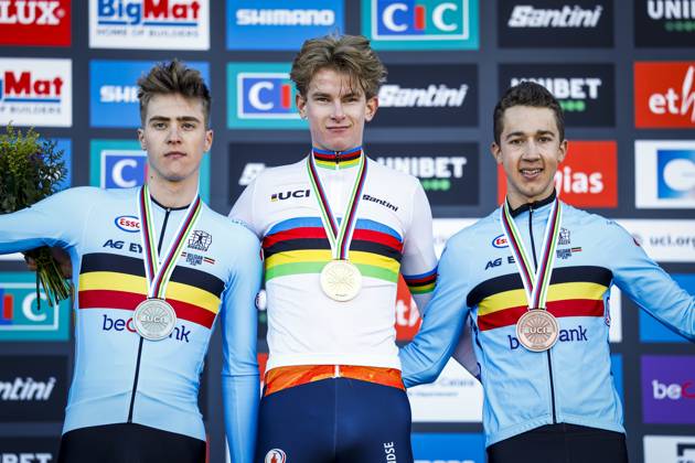 LIEVIN, FRANCE - (l-r) Kay De Bruyckere (second), Tibor Del Grosso (first), Jente Michels (third) on the podium after the cyclocross World Cup in Lievin, France. ANP BAS CZERWINSKI xVIxANPxSportx xxANPxIVx 518849070 originalFilename: 518849070.jpg
