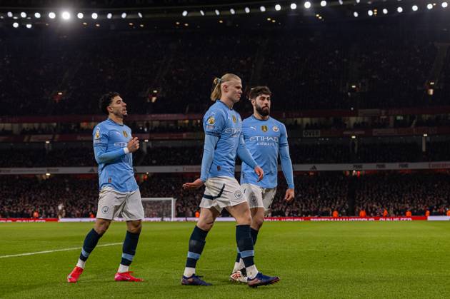 Football - FA Premier League - Arsenal FC v Manchester City FC LONDON, ENGLAND - Sunday, February 2, 2025: Manchester City s Erling Haaland celebrates after scoring the first equalising goal during the FA Premier League match between Arsenal FC and Manchester City FC at the Emirates Stadium. (Photo by David Rawcliffe Propaganda) LONDON Emirates Stadium GREATER LONDON ENGLAND Copyright: xDavidxRawcliffex P2025-02-02-Arsenal_Man_City-34