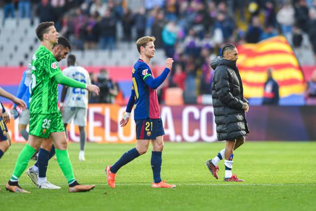 FC Barcelona, Barca v DEPORTIVO ALAVES. OLIMPIC STADIUM LLUIS COMPANYS. MONTJUIC,BARCELONA. February 2,2025 FC BARCELONA vs DEPORTIVO ALAVES. February 2, 2025 Wojciech Szczesny (25) goalkeeper of FC Barcelona,Frenkie de Jong (21) of FC Barcelona and Raphina (11) of FC Barcelona at the end of the match between FC Barcelona and Deportivo Alaves corresponding to the twenty two day of La Liga EA Sports at Olimpic Stadium Lluis Companys of Montjuic in Barcelona, Spain. Barcelona ESP Copyright: xS.xRosx