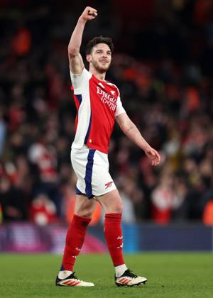 London, England, 2nd February 2025. Declan Rice of Arsenal celebrates during the Premier League match at the Emirates Stadium, London. Picture credit should read: David Klein Sportimage EDITORIAL USE ONLY. No use with unauthorised audio, video, data, fixture lists, club league logos or live services. Online in-match use limited to 120 images, no video emulation. No use in betting, games or single club league player publications. SPI_057_DK_Arsenal_Man_City SPI-3653-0057