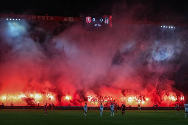 Soccer UEFA Europa League matchday 8 FC Twente Enschede Besiktas JK on 30 01 2025 at Arena De Grolsch Veste in Enschede Fans ignite Bengalos Pyrotechnics Pyro flares Smoke bombs in the fan block of Enschede xJRx