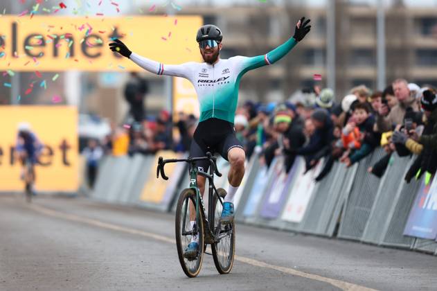 Dutch Joris Nieuwenhuis celebrates as he crosses the finish line to win the men elite race of the Noordzeecross cyclocross cycling event in Middelkerke, the eighth and last race of the Superprestige competition on Saturday 08 February 2025. DAVIDxPINTENS  x111990282x