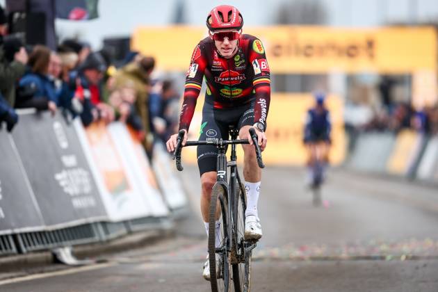 Belgian Michael Vanthourenhout crosses the finish line at the men elite race of the Noordzeecross cyclocross cycling event in Middelkerke, the eighth and last race of the Superprestige competition on Saturday 08 February 2025. DAVIDxPINTENS  x111993585x