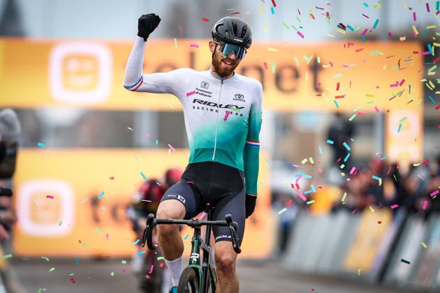 Dutch Joris Nieuwenhuis celebrates as he crosses the finish line to win the men elite race of the Noordzeecross cyclocross cycling event in Middelkerke, the eighth and last race of the Superprestige competition on Saturday 08 February 2025. DAVIDxPINTENS  x111993612x