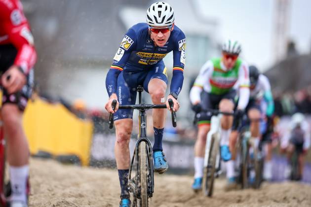 Belgian Toon Aerts pictured in action during the men elite race of the Noordzeecross cyclocross cycling event in Middelkerke, the eighth and last race of the Superprestige competition on Saturday 08 February 2025. DAVIDxPINTENS  x111996483x
