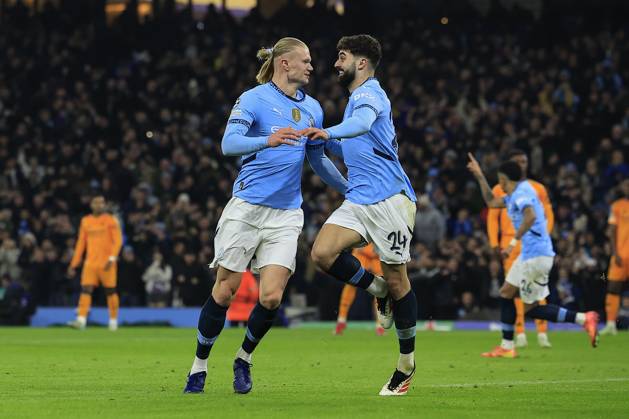 Manchester City v Real Madrid Champions League 11 02 2025. Erling Haaland (9) of Manchester City celebrates scoring with Josko Gvardiol (24) of Manchester City to make it 1-0 during the Champions League match between Manchester City and Real Madrid at the Etihad Stadium, Manchester, England on 11 February 2025. Manchester Etihad Stadium Manchester England Editorial use only , Copyright: xConorxMolloyx PSI-21439-0023