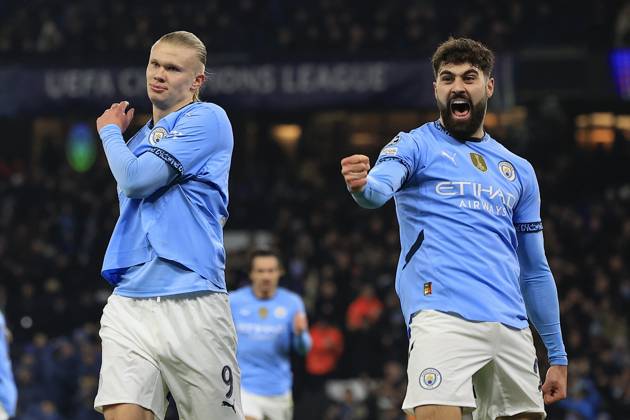 Manchester City v Real Madrid Champions League 11 02 2025. Erling Haaland (9) of Manchester City celebrates scoring with Josko Gvardiol (24) of Manchester City to make it 1-0 during the Champions League match between Manchester City and Real Madrid at the Etihad Stadium, Manchester, England on 11 February 2025. Manchester Etihad Stadium Manchester England Editorial use only , Copyright: xConorxMolloyx PSI-21439-0026
