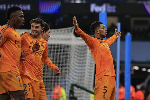 Manchester City v Real Madrid Champions League 11 02 2025. Jude Bellingham (5) of Real Madrid celebrates scoring to make it 2-3 during the Champions League match between Manchester City and Real Madrid at the Etihad Stadium, Manchester, England on 11 February 2025. Manchester Etihad Stadium Manchester England Editorial use only , Copyright: xConorxMolloyx PSI-21439-0057