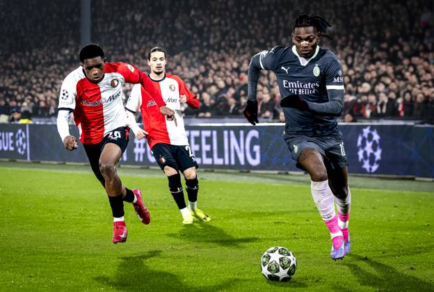 Feyenoord Rotterdam midfielder Givairo Read, AC Milan forwarder Rafael Leao during the match Feyenoord AC Milan at the Stadium De Kuip for the UEFA Champions League Knockout phase play offs1st leg season 2024 2025 in ROTTERDAM, Netherlands on 12 february 2025, photo by Marcel van Dorst EYE4images DeFodi Images Defodi 746 215592 Defodi-746