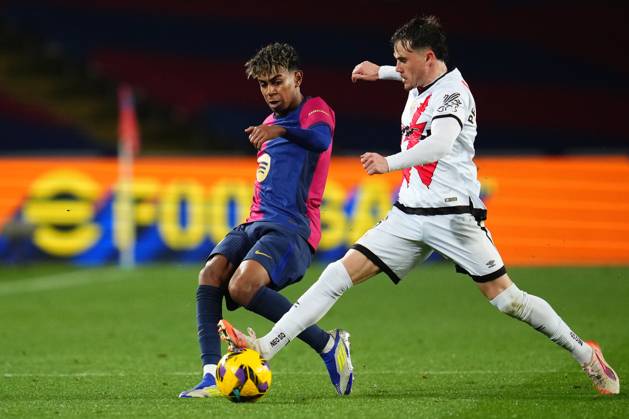 FC Barcelona, Barca Rayo Vallecano. La Liga EA Sports match. Date 24 Lamine Yamal of FC Barcelona and Pep Chavarria of Rayo Vallecano during the La Liga EA Sports match between FC Barcelona and Rayo Vallecano played at Lluis Companys Stadium on February 17, 2025 in Barcelona, Spain. kpng Copyright: xBaguxBlancox xPRESSINPHOTOx PS_240217_1976