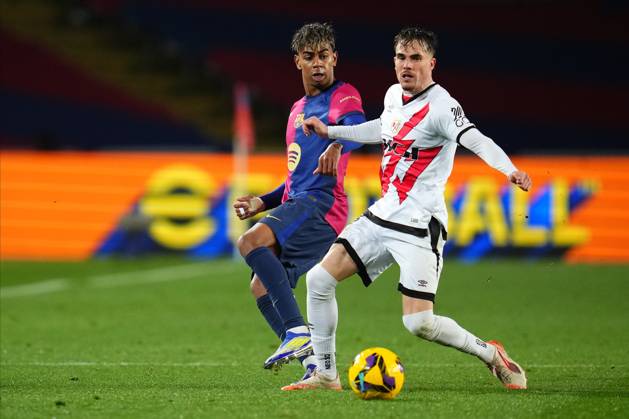 FC Barcelona, Barca Rayo Vallecano. La Liga EA Sports match. Date 24 Lamine Yamal of FC Barcelona and Pep Chavarria of Rayo Vallecano during the La Liga EA Sports match between FC Barcelona and Rayo Vallecano played at Lluis Companys Stadium on February 17, 2025 in Barcelona, Spain. kpng Copyright: xBaguxBlancox xPRESSINPHOTOx PS_240217_1977