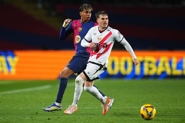 FC Barcelona, Barca Rayo Vallecano. La Liga EA Sports match. Date 24 Lamine Yamal of FC Barcelona and Pep Chavarria of Rayo Vallecano during the La Liga EA Sports match between FC Barcelona and Rayo Vallecano played at Lluis Companys Stadium on February 17, 2025 in Barcelona, Spain. kpng Copyright: xBaguxBlancox xPRESSINPHOTOx PS_240217_1978