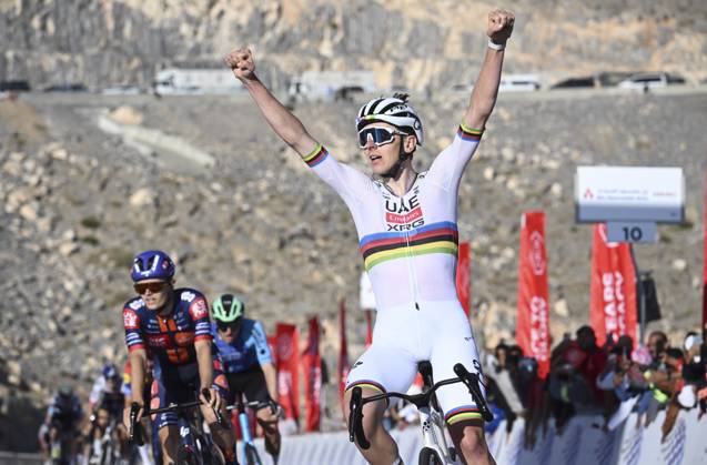 UAE Tour 2025 - Stage 3 JEBEL JAIS, UNITED ARAB EMIRATES - FEBRUARY 19 : Pogacar Tadej (SLO) of UAE Team Emirates wins during Stage 3 of the UAE Tour 2025 cycling race with start in Ras Al Khaimah and finish in Jebel Jais (181km) on February 19, 2025 in Jebel Jais, United Arab Emirates, 19 02 2025 Jebel Jais United Arab Emirates  Copyright: xPeterxDexVoechtx