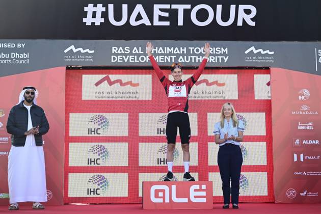 UAE Tour 2025 - Stage 3 JEBEL JAIS, UNITED ARAB EMIRATES - FEBRUARY 19 : Pogacar Tadej (SLO) of UAE Team Emirates pictured during the podium ceremony of Stage 3 of the UAE Tour 2025 cycling race with start in Ras Al Khaimah and finish in Jebel Jais (181km) on February 19, 2025 in Jebel Jais, United Arab Emirates, 19 02 2025 Jebel Jais United Arab Emirates  Copyright: xPeterxDexVoechtx