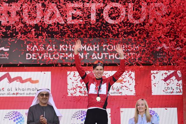 UAE Tour 2025 - Stage 3 JEBEL JAIS, UNITED ARAB EMIRATES - FEBRUARY 19 : Pogacar Tadej (SLO) of UAE Team Emirates pictured during the podium ceremony of Stage 3 of the UAE Tour 2025 cycling race with start in Ras Al Khaimah and finish in Jebel Jais (181km) on February 19, 2025 in Jebel Jais, United Arab Emirates, 19 02 2025 Jebel Jais United Arab Emirates  Copyright: xPeterxDexVoechtx
