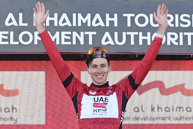 UAE Tour 2025 - Stage 3 JEBEL JAIS, UNITED ARAB EMIRATES - FEBRUARY 19 : Pogacar Tadej (SLO) of UAE Team Emirates pictured during the podium ceremony of Stage 3 of the UAE Tour 2025 cycling race with start in Ras Al Khaimah and finish in Jebel Jais (181km) on February 19, 2025 in Jebel Jais, United Arab Emirates, 19 02 2025 Jebel Jais United Arab Emirates  Copyright: xPeterxDexVoechtx