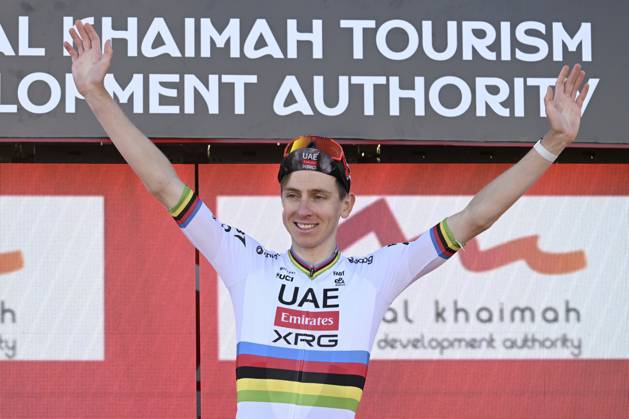 UAE Tour 2025 - Stage 3 JEBEL JAIS, UNITED ARAB EMIRATES - FEBRUARY 19 : Pogacar Tadej (SLO) of UAE Team Emirates pictured during the podium ceremony of Stage 3 of the UAE Tour 2025 cycling race with start in Ras Al Khaimah and finish in Jebel Jais (181km) on February 19, 2025 in Jebel Jais, United Arab Emirates, 19 02 2025 Jebel Jais United Arab Emirates  Copyright: xPeterxDexVoechtx