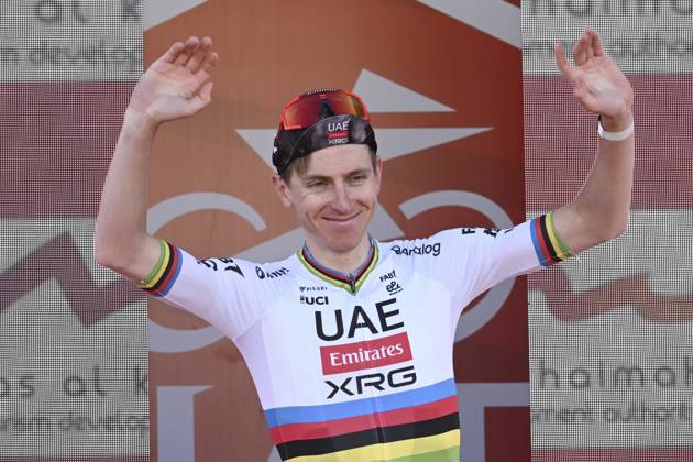 UAE Tour 2025 - Stage 3 JEBEL JAIS, UNITED ARAB EMIRATES - FEBRUARY 19 : Pogacar Tadej (SLO) of UAE Team Emirates pictured during the podium ceremony of Stage 3 of the UAE Tour 2025 cycling race with start in Ras Al Khaimah and finish in Jebel Jais (181km) on February 19, 2025 in Jebel Jais, United Arab Emirates, 19 02 2025 Jebel Jais United Arab Emirates  Copyright: xPeterxDexVoechtx