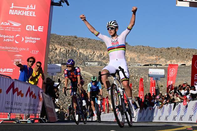 UAE Tour 2025 - Stage 3 JEBEL JAIS, UNITED ARAB EMIRATES - FEBRUARY 19 : Pogacar Tadej (SLO) of UAE Team Emirates celebrates the victory during Stage 3 of the UAE Tour 2025 cycling race with start in Ras Al Khaimah and finish in Jebel Jais (181km) on February 19, 2025 in Jebel Jais, United Arab Emirates, 19 02 2025 Jebel Jais United Arab Emirates  Copyright: xPeterxDexVoechtx