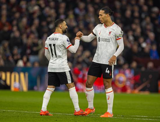 Football - FA Premier League - Aston Villa FC v Liverpool FC BIRMINGHAM, ENGLAND - Wednesday, February 19, 2025: Liverpool s Mohamed Salah (L) celebrates with team-mate captain Virgil van Dijk after scoring the first goal during the FA Premier League match between Aston Villa FC and Liverpool FC at Villa Park. (Photo by David Rawcliffe Propaganda) BIRMINGHAM Villa Park WEST MIDLANDS ENGLAND Copyright: xDavidxRawcliffex P2025-02-19-Aston_Villa_Liverpool-52