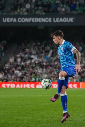 Gent s Tiago Araujo pictured in action during a soccer game between Spanish Real Betis Balompie and Belgian KAA Gent, on Thursday 20 February 2025 in Seville, Spain, the return leg of the Knockout phase play-offs of the UEFA Conference League competition. JOMAxGARCIA  x112903284x