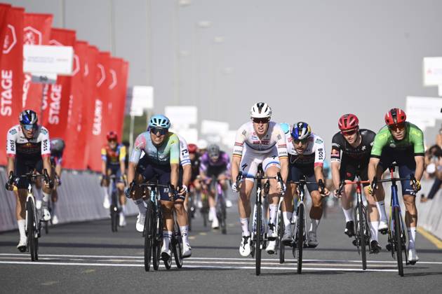 UAE Tour 2025 - Stage 5 DUBAI, UNITED ARAB EMIRATES - FEBRUARY 20 : Merlier Tim (BEL) of Soudal Quick-Step wins, Malucelli Matteo (ITA) of XDS Astana Team, Milan Jonathan (ITA) of Lidl-Trek, Welsford Sam (AUS) of Red Bull - Bora - Hansgrohe, Kogut Oded (ISR) of Israel - Premier Tech during Stage 5 of the UAE Tour 2025 cycling race with start in American University in Dubai and finish in Hamdan Bin Mohammed Smart University (160 km) on February 20, 2025 in Dubai, United Arab Emirates, 20 02 2025 Dubai United Arab Emirates  Copyright: xPeterxDexVoechtx
